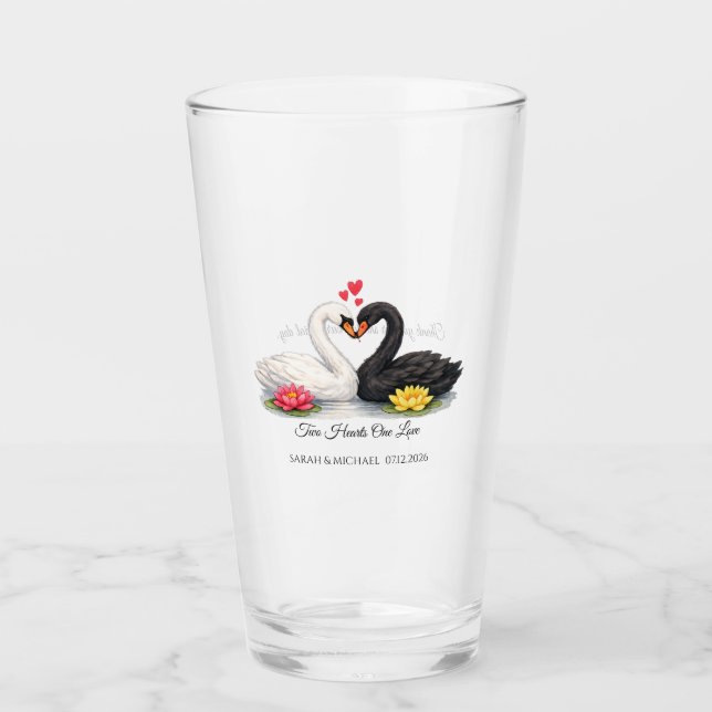 Pint Copo de Vidro de Casamento de Cisnes Personalizado (Frente)