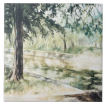 Pintada mão paisagem de verão, árvores verdes rio