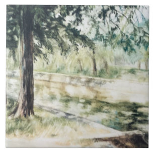 Pintada mão paisagem de verão, árvores verdes rio