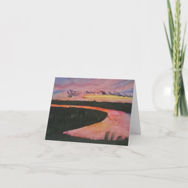 Pintado à mão, aquarela, pôr do sol, cartão de not (Frente)