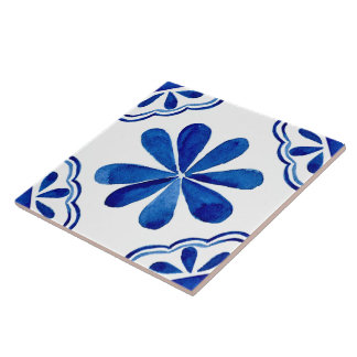 Pintado com Azulejo Floral Azul-Mediterrâneo