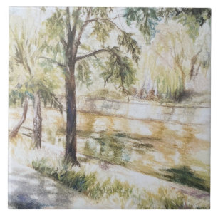 Pintado mão, aquarela de verão, rio de árvores ver