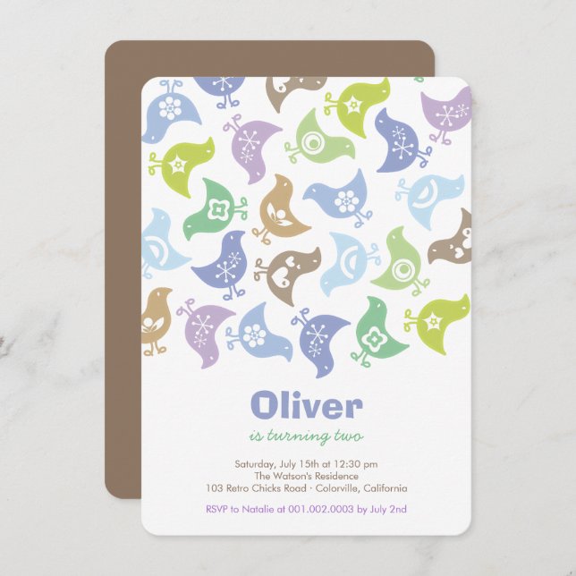 Pintinhos Retro Azul Convite para Festa de anivers (Frente/Verso)