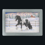 Pinto Negro Piebald Gypsy Cavalo de Rascunho de Va<br><div class="desc">Pinto Negro Piebald Gypsy Vanner Draft Horse Trotando em Neve.</div>