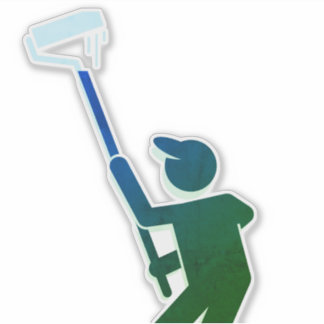 Pintor com adesivo do cilindro de tinta