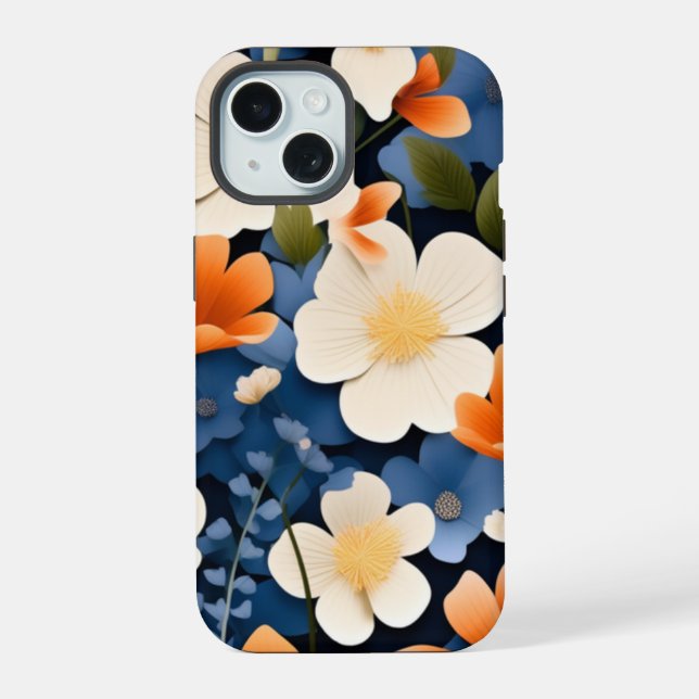 Pintura abstrata de flores laranja e azuis. (Verso)