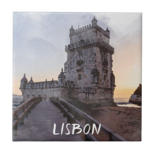 Pintura aquosa da torre de Belem no pôr do sol
