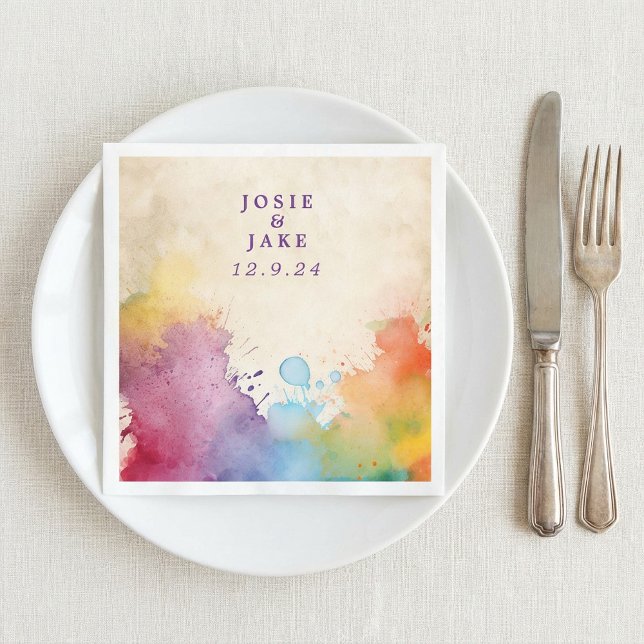 Pintura brilhante esfrega guardanapo de casamento (Bright paint splashes wedding napkin.)