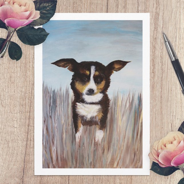 Pintura de Cachorro Marrom em Cartão em Branco (acrylic painting dog with floppy ears beige brown nature animals blank note card original artwork)