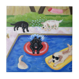 Pintura de Labradors da festa na piscina