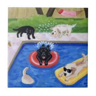 Pintura de Labradors da festa na piscina