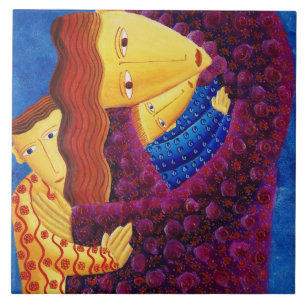 Pintura de Mãe e Filhos Família Arte Cerâmica Azul