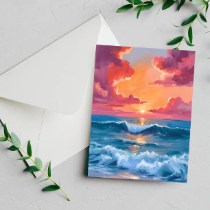 Pintura de pôr do sol no oceano em aquarela cartão