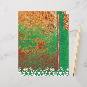 pintura de um campo verde com uma borda laranja