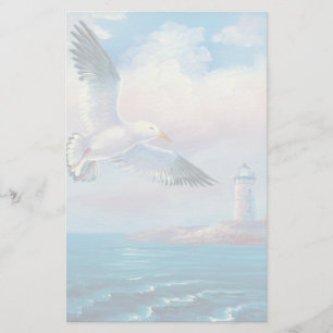 Pintura de uma gaivota que voa perto de um farol