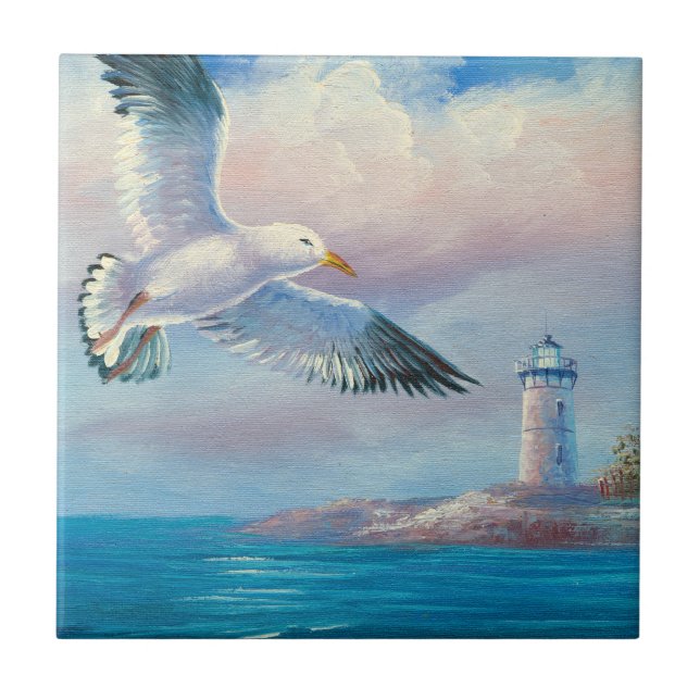 Pintura de uma gaivota que voa perto de um farol (Frente)