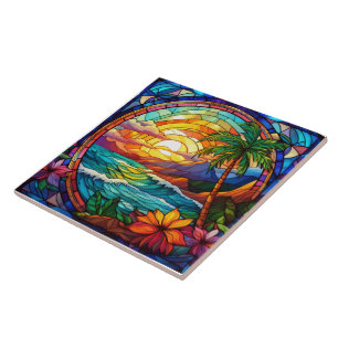 pintura de vidro colorido em praia tropical