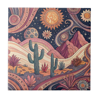 Pintura do pôr do sol do deserto psicodélico retrô