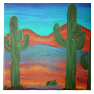 Pintura do pôr do sol do Saguaro do sudoeste