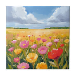 Pintura em aquarela da paisagem do campo de flores