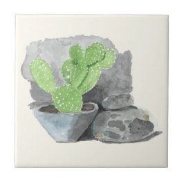 Pintura em Aquarela de Cacto Opuntia em Azulejo Ce