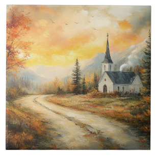 Pintura em Aquarela de Igreja Rústica de Outono