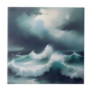 Pintura em aquarela de ondas do oceano azul cinza