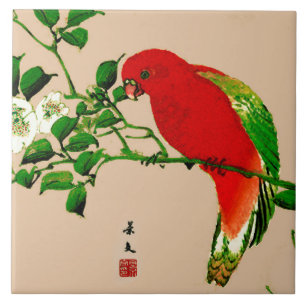 Pintura japonesa do vintage de um papagaio, de um