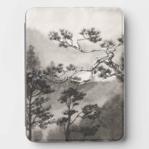 Pintura japonesa Sumi-e de pinheiro em névoa à tin