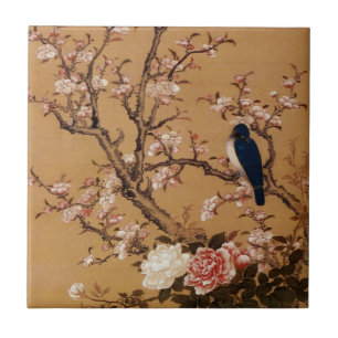 Pintura japonesa velha do vintage de um pássaro e