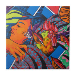 Pintura mural da parede da mulher & da galinha