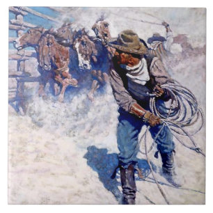 Pintura ocidental de N C Wyeth “Laçando Cavalos Se