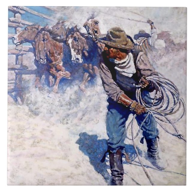 Pintura ocidental de N C Wyeth “Laçando Cavalos Se (Frente)