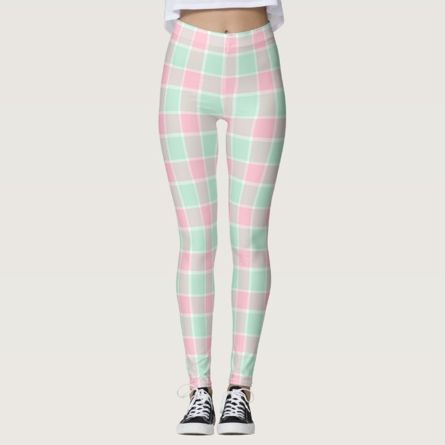 Pipoca-rosa/ Xadrez-pinta Leggings femininas (Frente)