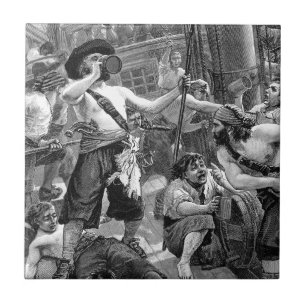 Piratas antigos lutando e bebendo no navio