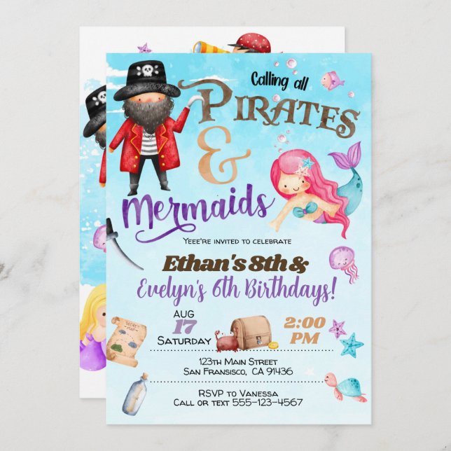 Piratas e Sereia Convite de Aniversário (Frente/Verso)