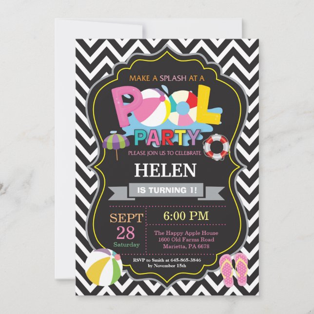 Piscina Convite de festas Preto Splash Girl (Frente)