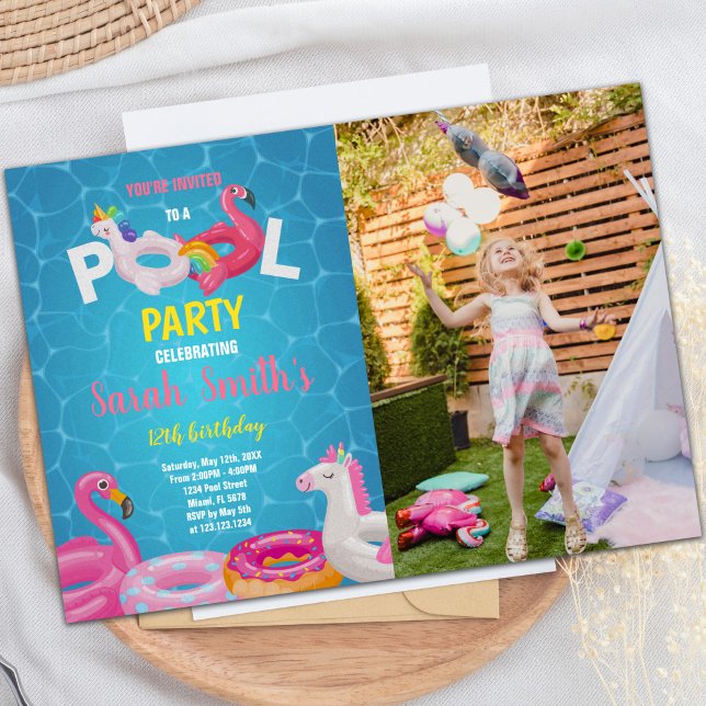 Piscina Flamingo rosa Convites de Aniversário com  (Pink Flamingo Pool Birthday Invitations w photo)