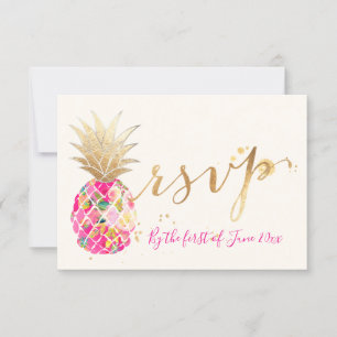 PixDezines RSVP Aloha Ananás Rosa/Script Dourado
