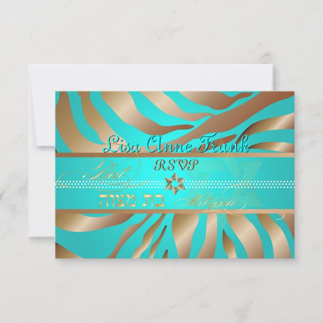 PixDezines rsvp Tan+Aqua Zebra, Bat Mitzvah (Frente)