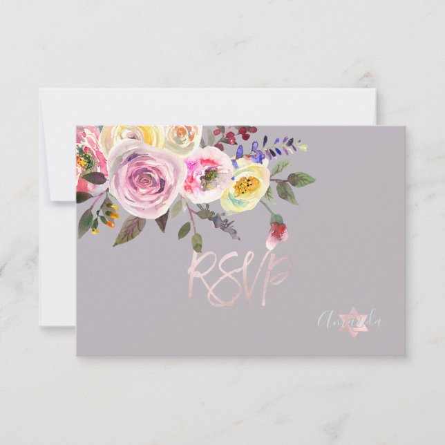 PixDezines RSVP Watercolor Rosas Bat Mitzvah ✡ (Frente)