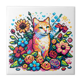 Pixel Art | Sentado de gato nas flores