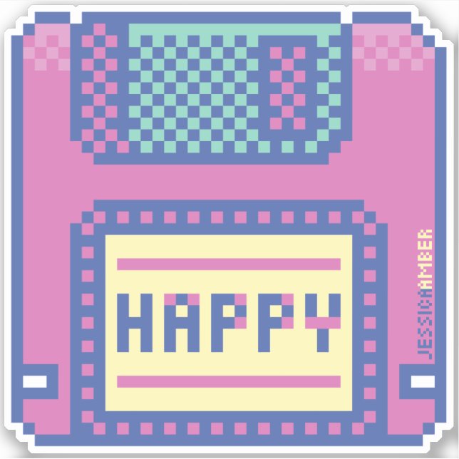 Pixel Azul Feliz Art 90s Pixel Disquete Adesivo (Frente)