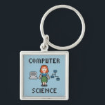 Pixel Computer Science - Female - Chaveiro<br><div class="desc">Ilustração de arte em pixel mostrando um cientista da computação,  um computador e um fluxograma.</div>