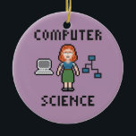 Pixel Computer Science - Female - Ornamento Círcul<br><div class="desc">Ilustração em estilo de 8 bits mostrando uma cientista computacional,  um computador e um fluxograma.</div>