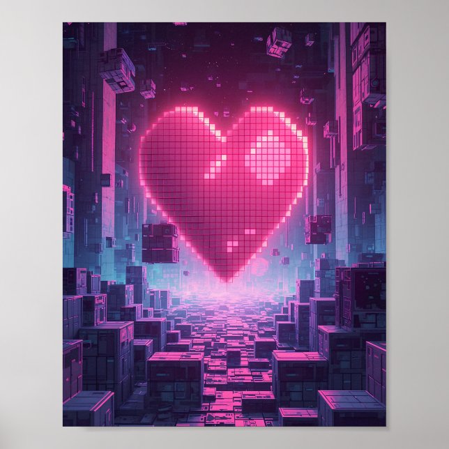 Pixel Heart Neon City — Futuristic Gaming Poster (Frente)