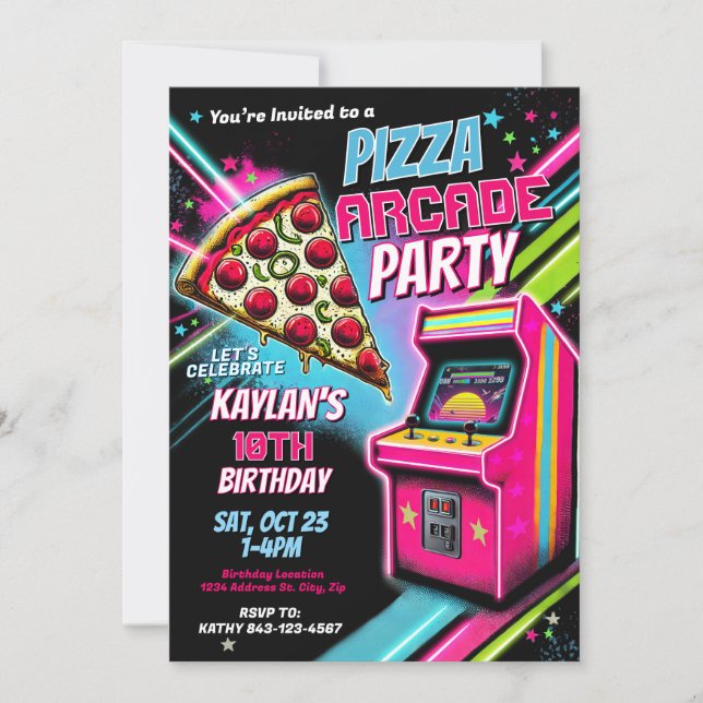 Pizza Arcade Party - Convite para Crianças (Frente)