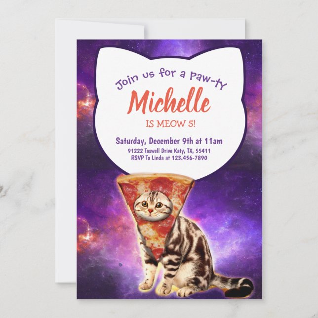 Pizza Cabeça Gato Engraçado Convite (Frente)