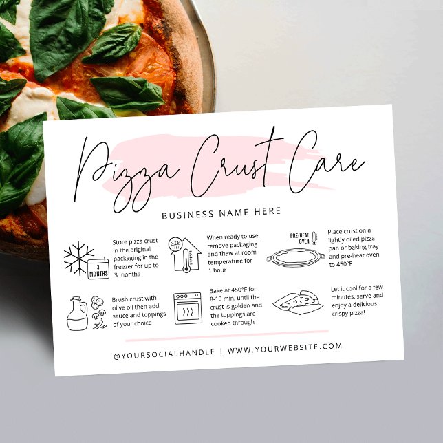 Pizza Crust Care Instruções Cartão Cor-de-Água Ros (Modern pizza crust care cards with icons, modern script font and pink watercolor and your logo)