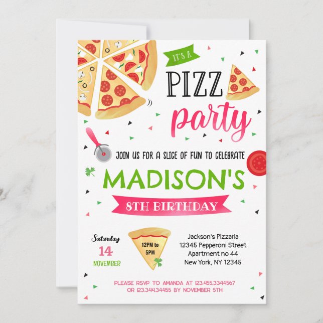Pizza Party - Convite de Aniversário para Menina (Frente)